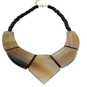 100% Buffalo Horn Necklace Wooden Beaded and Goldtone Unique